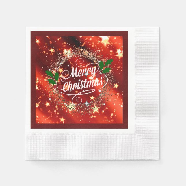 Merry Christmas, Sparkling Red and Gold Design Napkin (Front)