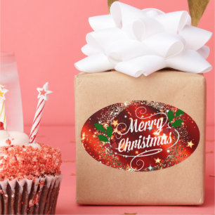 Merry Christmas, Sparkling Red and Gold Design Oval Sticker