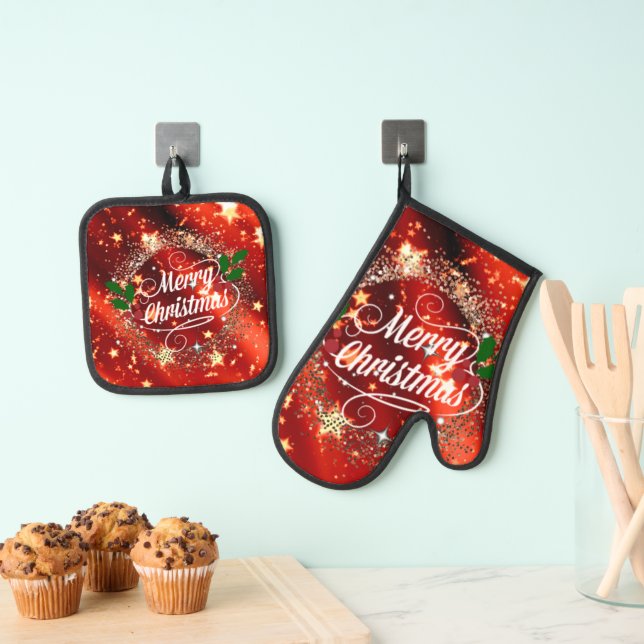 Merry Christmas, Sparkling Red and Gold Design Oven Mitt & Pot Holder Set (Insitu(Hanging))
