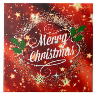 Merry Christmas, Sparkling Red and Gold Design Tile