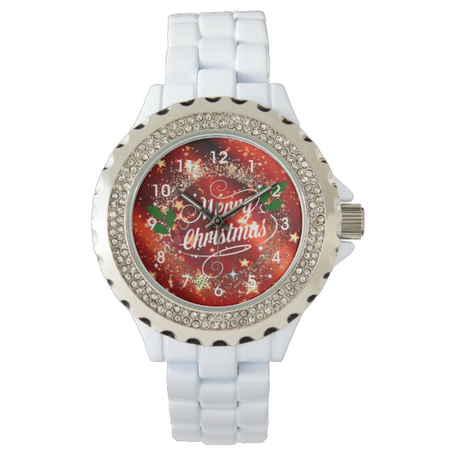 Merry Christmas, Sparkling Red and Gold Design Watch (Front)