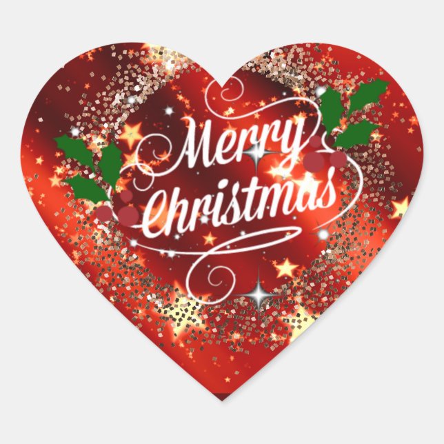 Merry Christmas, Sparkling Red and Gold, Heart Sticker (Front)