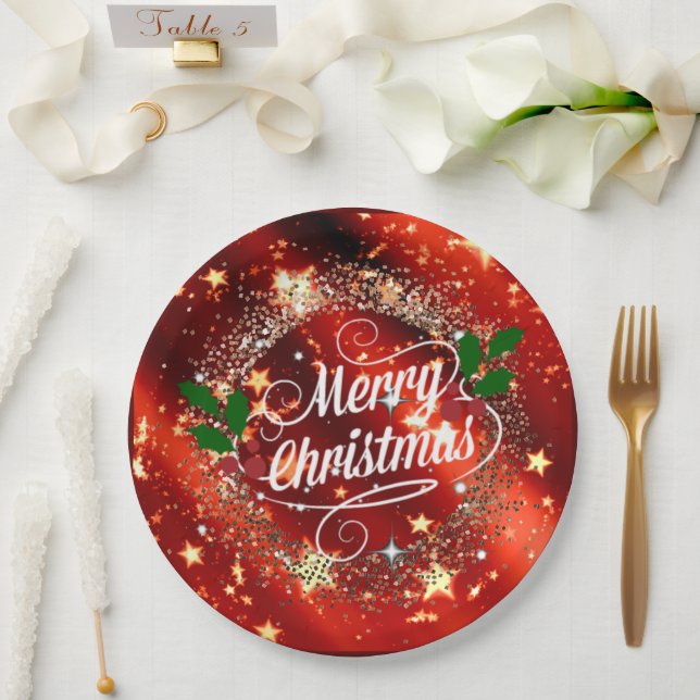 Merry Christmas, Sparkling Red and Gold, Paper Plate (Wedding)