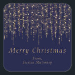 Merry Christmas Sparkly Lights Gift Wrap Sticker<br><div class="desc">Merry Christmas sticker featuring gold,  sparkly drop lights. The design is elegant in dark blue and gold. The sticker can be personalised wtih a name. The sticker can be used as part of your Christmas gift wrap or as an envelope seal during the festive period.</div>