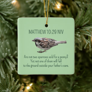 Merry Christmas Sparrow Bird Christian Green Ceramic Ornament