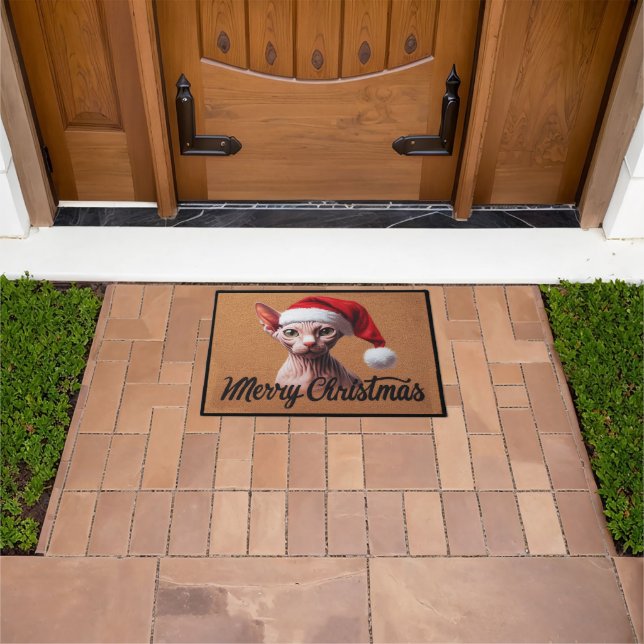 Merry Christmas Sphynx Cat, Xmas Santa Sphynx Doormat (Outdoor)