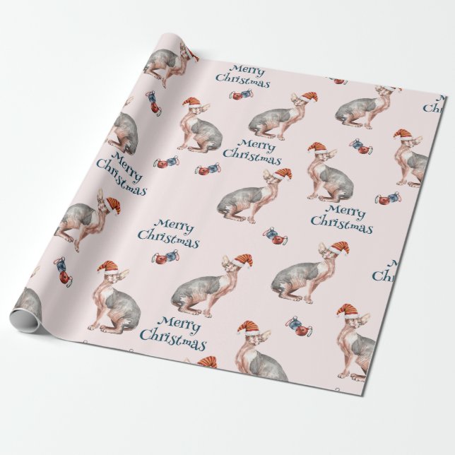 Merry Christmas Sphynx Hairless Cat Santa Hat Wrapping Paper (Unrolled)