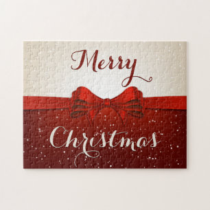 Merry Christmas Split Snow and Red Ribbon Jigsaw Puzzle