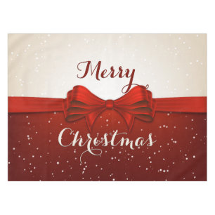 Merry Christmas Split Snow and Red Ribbon Tablecloth