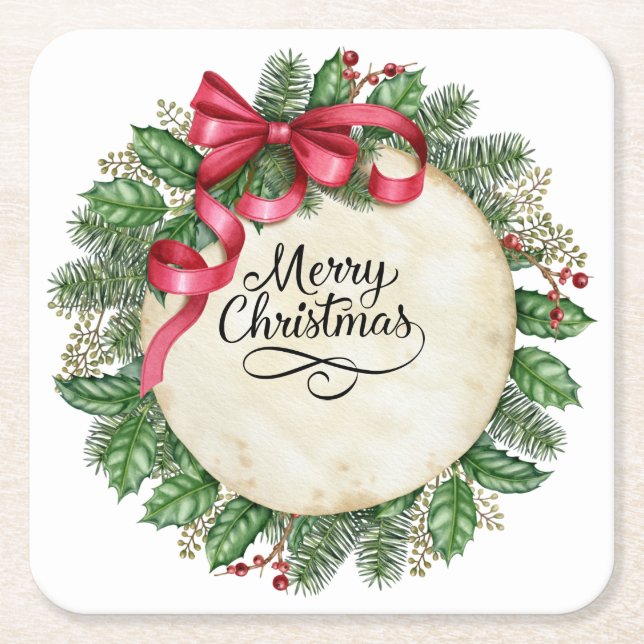 Merry Christmas Square Paper Coaster (Front)