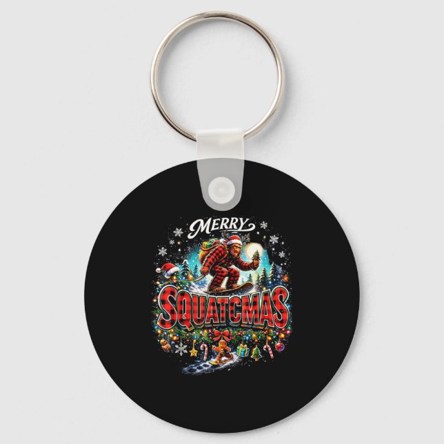 Merry Christmas Squatchmas Funny Bigfoot Snowboard Key Ring (Front)