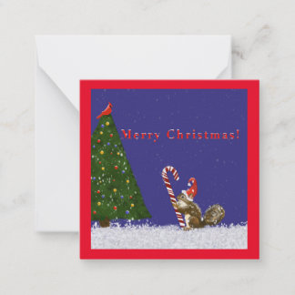 Merry Christmas! Squirrel, cardinal, tree, holiday Card