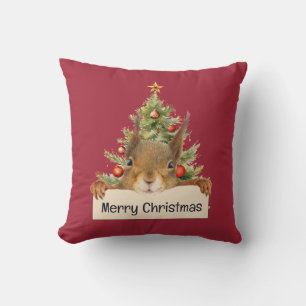 Merry Christmas Squirrel Christmas Tree Editable Cushion