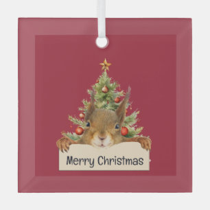 Merry Christmas Squirrel Christmas Tree Editable Glass Tree Decoration