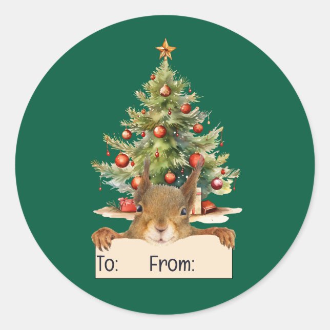 Merry Christmas Squirrel Christmas Tree To From Classic Round Sticker (Front)