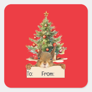 Merry Christmas Squirrel Christmas Tree To From Square Sticker