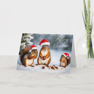 Merry Christmas Squirrel Family in Santa Hats  Holiday Card