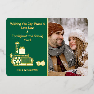 "Merry Christmas" Stack of Gifts Photo Foil Holiday Card