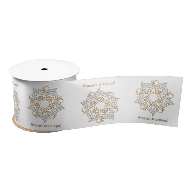 Merry Christmas Star Calligraphy Gold Silver White Satin Ribbon (Spool)