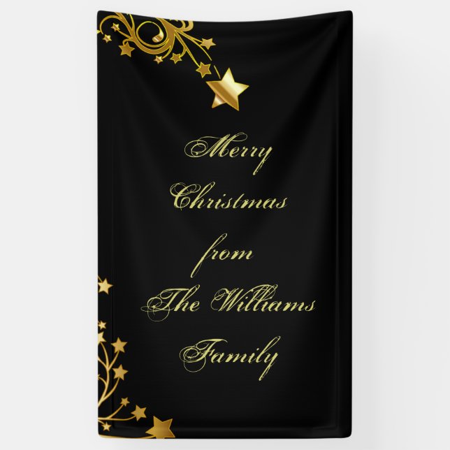 Merry Christmas Star Family Name Stars Black Gold Banner (Vertical)