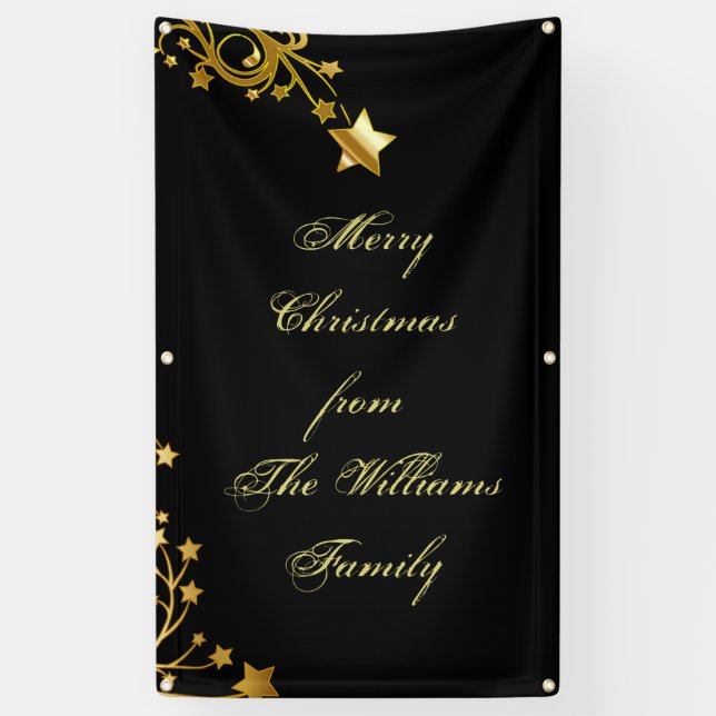 Merry Christmas Star Family Name Stars Black Gold Banner (Vertical)