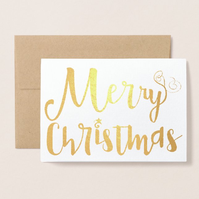 Merry Christmas Star Holiday Typography Gold Foil Foil Card (Front With Envelope)