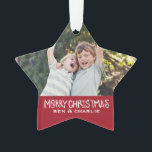 Merry Christmas | Star Ornament Monogram Red<br><div class="desc">Adorn your tree with this keepsake. Red front with hand lettered Merry Christmas type. Red chevron backer with monogram option. For more colours and styles email me at pinkhippoprints@gmail.com Thanks!</div>