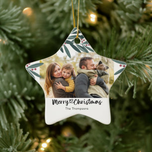 Merry Christmas Star Photo Personalised Family Ceramic Tree Decoration