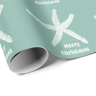Merry Christmas Starfish Green Beach Trendy Custom Wrapping Paper