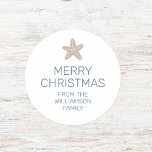 Merry Christmas Starfish Minimal Family White Classic Round Sticker<br><div class="desc">Merry Christmas Starfish Minimal Family White Classic Round Sticker. Personalise with your own text, colours, and or fonts. Shown in storm blue text on white with dark sand coloured starfish. We invite you to visit our Zazzle store, Beachy Design Co, for matching products and more. Please contact us if you...</div>