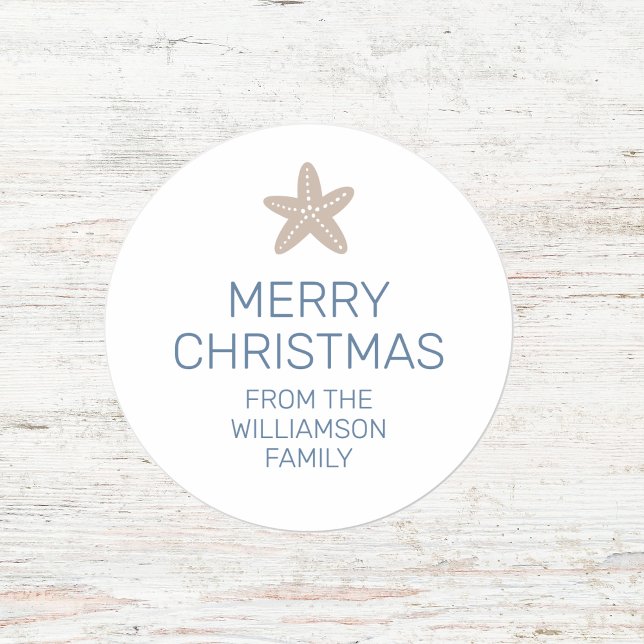 Merry Christmas Starfish Minimal Family White Classic Round Sticker (Creator Uploaded)