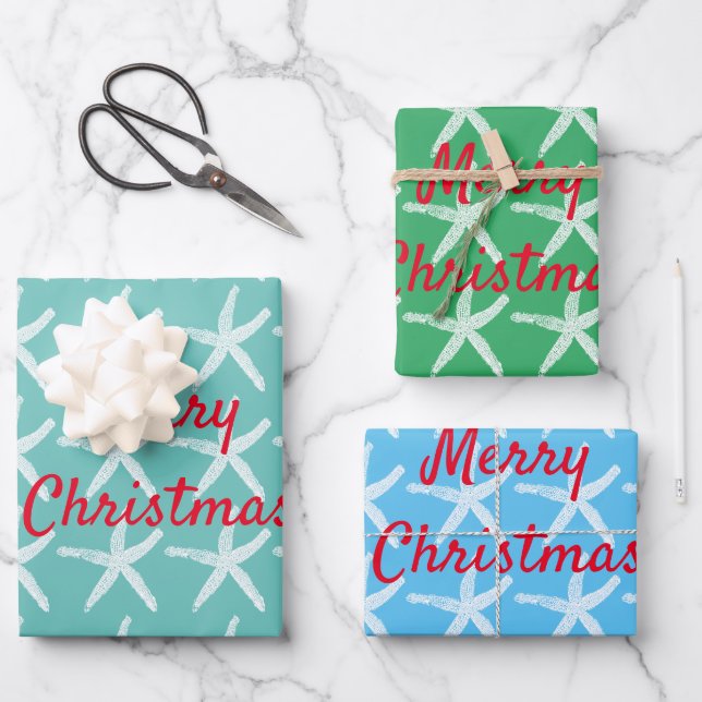 Merry Christmas Starfish Multicolor Nautical Cute  Wrapping Paper Sheet (Front)