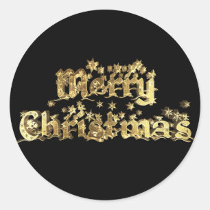 Merry Christmas Starry Black Gold Typography Classic Round Sticker