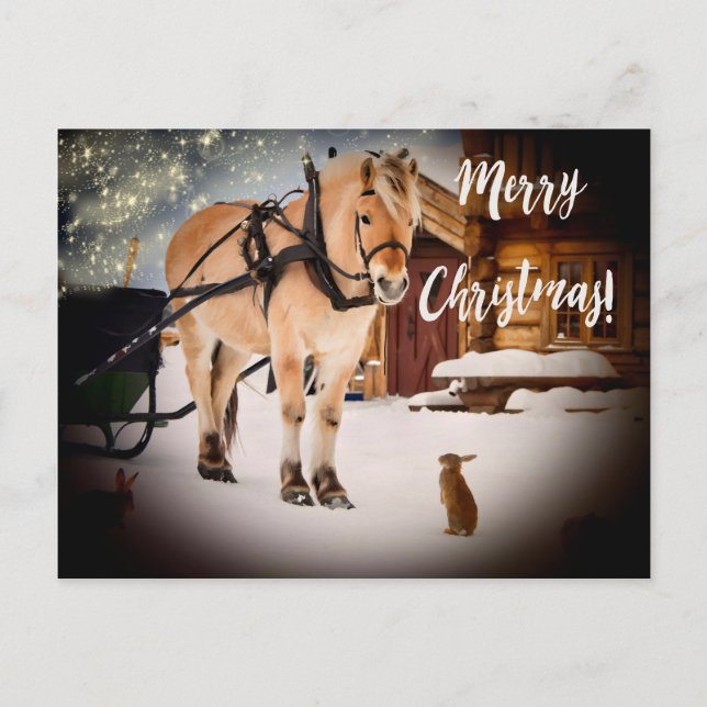 Merry Christmas starry night farm with horse snow Holiday Postcard (Front)