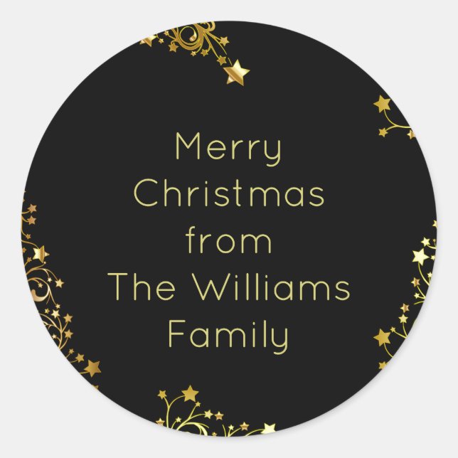 Merry Christmas Stars Black Gold Shiny Chic Name Classic Round Sticker (Front)