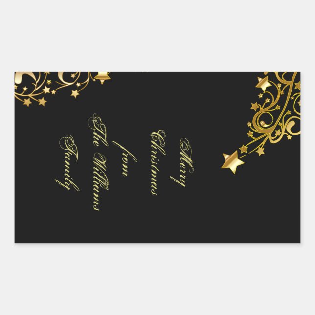 Merry Christmas Stars Black Gold Shiny Chic Name Rectangular Sticker (Front)