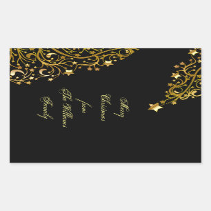 Merry Christmas Stars Black Gold Shiny Chic Name Rectangular Sticker