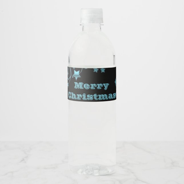 Merry Christmas Stars Black Metallic Blue Look Water Bottle Label (Front)
