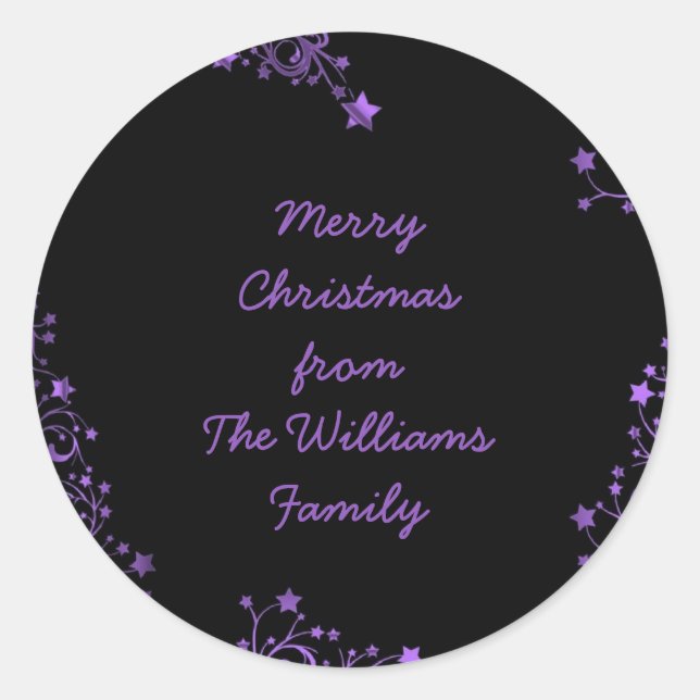 Merry Christmas Stars Black Purple Elegant Chic Classic Round Sticker (Front)