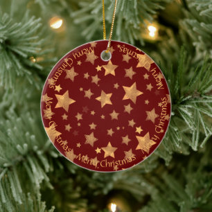 Merry Christmas Stars Gold Red Elegant Vintage Ceramic Tree Decoration