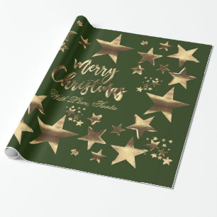 Merry Christmas Stars Green Gold Elegant Script Wrapping Paper
