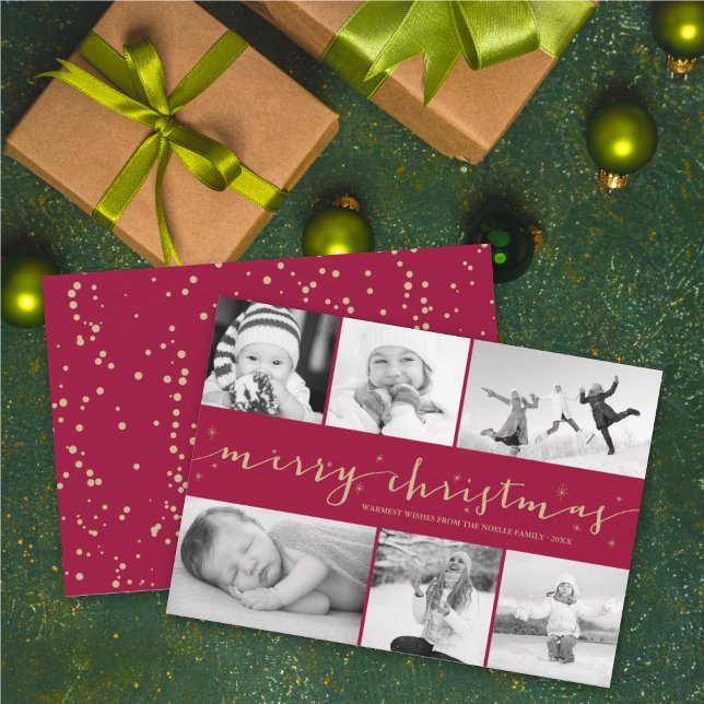 Merry Christmas Stars Maroon Band 6 Photo Collage Holiday Card (Creator Uploaded)