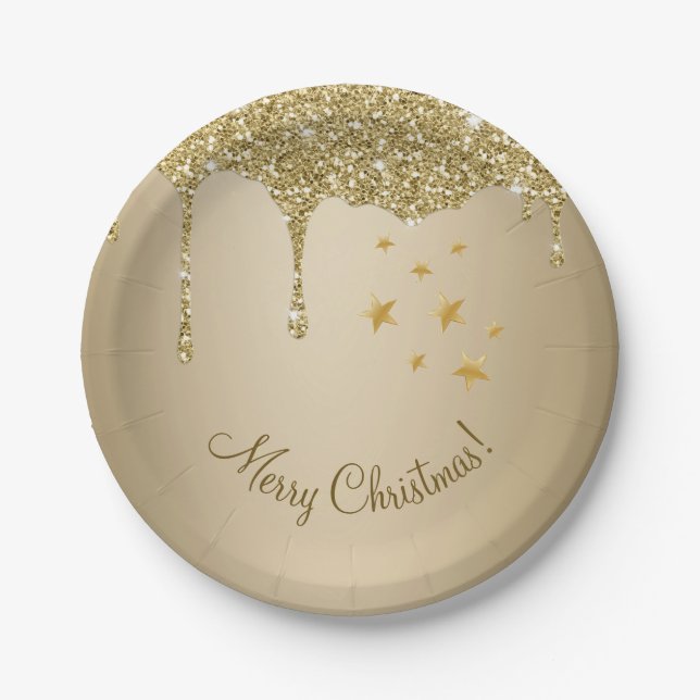 Merry Christmas Stars Melting Gold Glitter Paper Plate (Front)