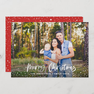 Merry Christmas stars photo red modern script Holiday Card