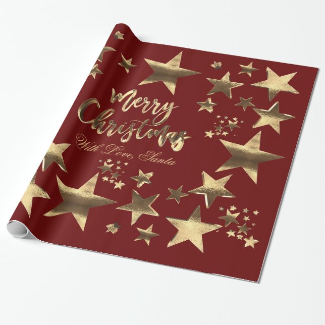 Merry Christmas Stars Red Gold Elegant Script Wrapping Paper (Unrolled)