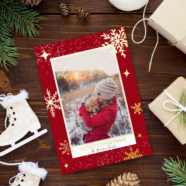 Merry Christmas stars snow red photo  Foil Holiday Card (Creator Uploaded)