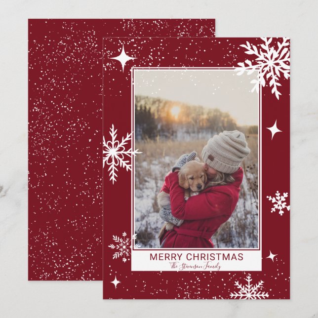 Merry Christmas stars snow red photo Holiday Card (Front/Back)