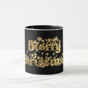 Merry Christmas Stars Typography Black and Gold Mug