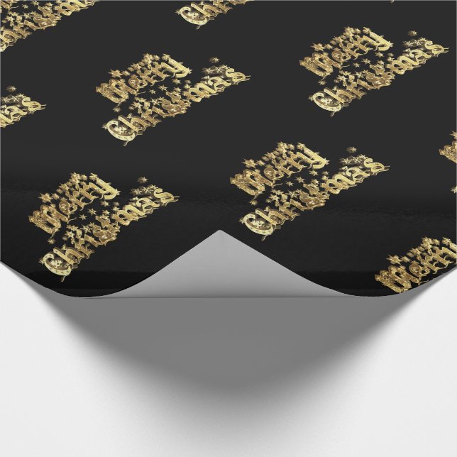 Merry Christmas Stars Typography Black Gold Chic Wrapping Paper (Corner)