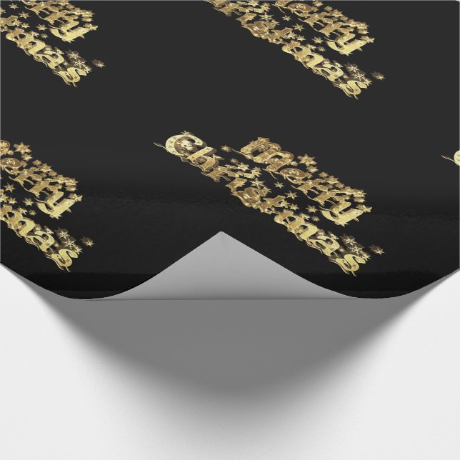 Merry Christmas Stars Typography Black Gold Chic Wrapping Paper (Corner)